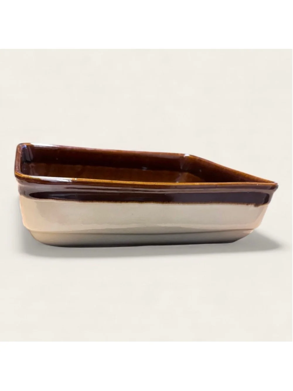 Vintage Mid-Century Stoneware Casserole Dish Brown & Beige Rectangular Baker